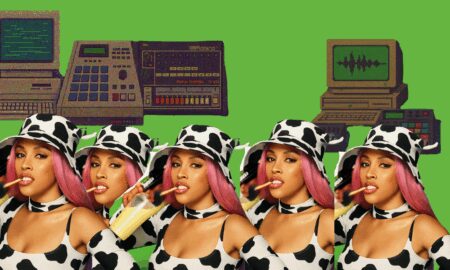 doja cat with samplers and computers in a collage