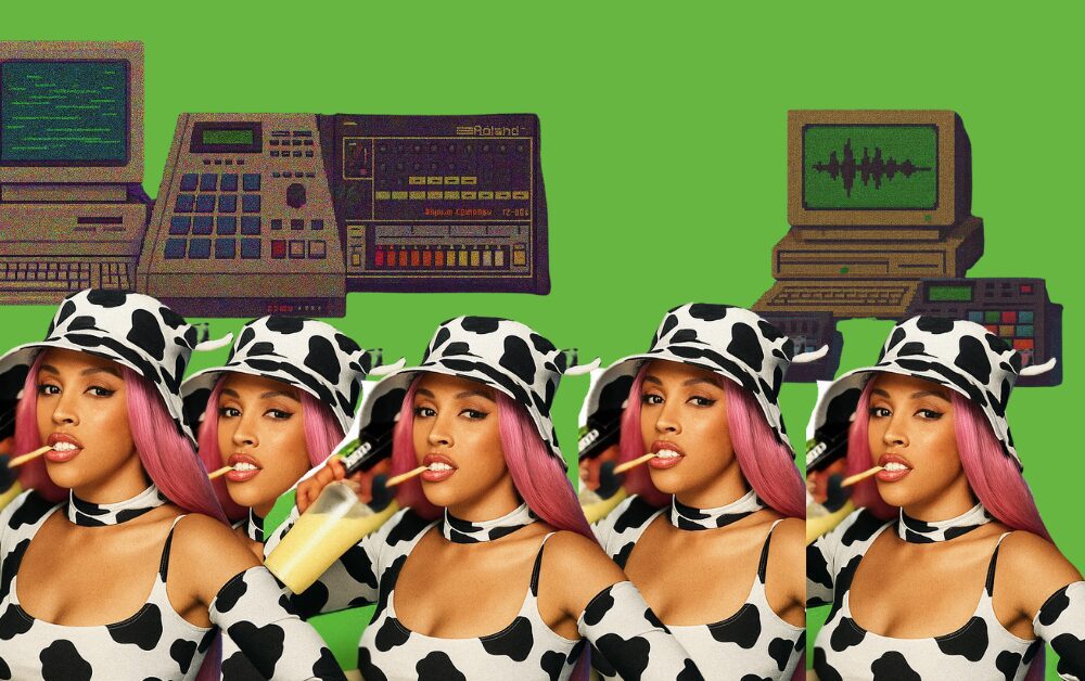 doja cat with samplers and computers in a collage