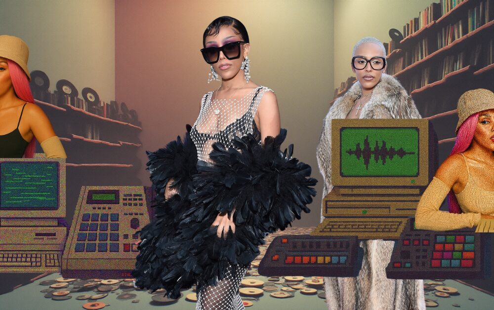 Doja cat sampling records as she samples herself.Collage.