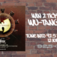 Promotional poster on a brick wall advertising a Wu-Tang Clan event with date, venue (Utah First Credit Union Amphitheatre, Salt Lake City, UT), and sponsor info; right side invites listeners to win 2 tickets on 92.5 The Beat.