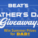 Blue promotional banner for BEAT'S Father's Day Giveaway announcing summer prizes for dad, with logos for 92.5 The Beat, Lifetime Store, and Angels Automotive, on a blue textured background.