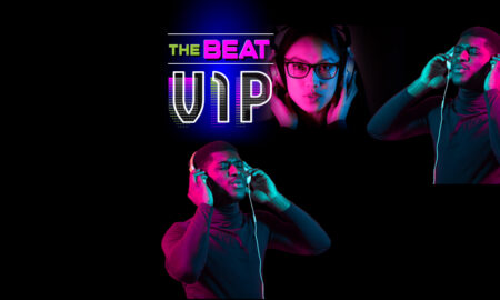 Promo banner for 'The Beat VIP' featuring three people with headphones against a black background and neon text THE BEAT VIP (logo at left).