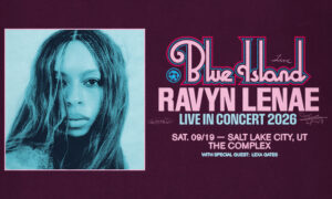 Concert poster for Blue Island Live featuring Ravyn Lenae, with cyan-tinted portrait on the left; event September 19, 2026, Salt Lake City at The Complex, guest Lexa Gates, promotional style poster