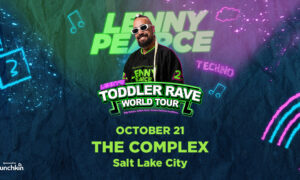 Neon-styled poster advertising Lenny Peace Toddler Rave World Tour, October 21 at The Complex in Salt Lake City, with a man in sunglasses centered against a colorful graffiti backdrop.