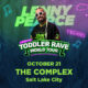 Neon-styled poster advertising Lenny Peace Toddler Rave World Tour, October 21 at The Complex in Salt Lake City, with a man in sunglasses centered against a colorful graffiti backdrop.