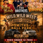 Poster advertising a Wild West rodeo and concert with multiple country acts, announcing July 26, 1–10 PM; kids under 12 free; venue details at bottom.