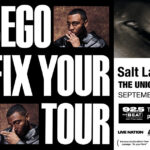Promotional poster for Masego's 'Fix Your Face Tour' with large bold white text, artist portrait photos, and Salt Lake City, UT details (The Union, Sept 9, 2026).