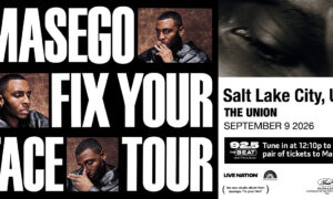 Promotional poster for Masego's 'Fix Your Face Tour' with large bold white text, artist portrait photos, and Salt Lake City, UT details (The Union, Sept 9, 2026).