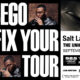 Promotional poster for Masego's 'Fix Your Face Tour' with large bold white text, artist portrait photos, and Salt Lake City, UT details (The Union, Sept 9, 2026).