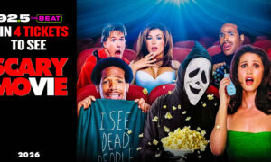 Movie poster for Scary Movie: costumed characters in a theater with popcorn; promo text invites winning 4 tickets.