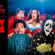 Movie poster for Scary Movie: costumed characters in a theater with popcorn; promo text invites winning 4 tickets.
