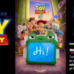 Triple-panel Toy Story 5 promo: left logo on black, center movie poster with a green device saying 'Hi! Let's play!', right 92.5 The Beat contest panel.
