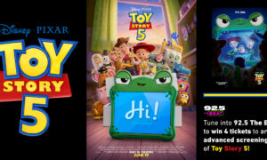 Triple-panel Toy Story 5 promo: left logo on black, center movie poster with a green device saying 'Hi! Let's play!', right 92.5 The Beat contest panel.