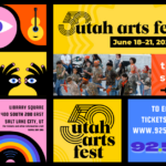 Collage poster promoting Utah Arts Festival with bold color blocks, date June 18–21, 2026, and uaf.org tickets