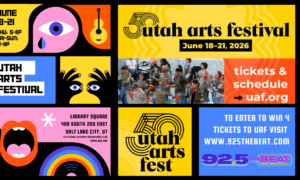 Collage poster promoting Utah Arts Festival with bold color blocks, date June 18–21, 2026, and uaf.org tickets