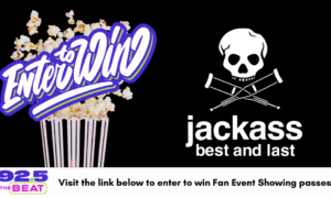 Popcorn bucket with a bold 'Enter to Win' graphic on the left and a skull-and-crossbones 'jackass best and last' logo on the right, with a contest banner below.
