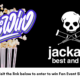 Popcorn bucket with a bold 'Enter to Win' graphic on the left and a skull-and-crossbones 'jackass best and last' logo on the right, with a contest banner below.