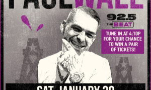 Paul Wall concert poster featuring bold black and purple typography, a smiling illustrated man, and event details: Sat. January 30 at The Complex; tune in on 92.5 The Beat for ticket giveaways.