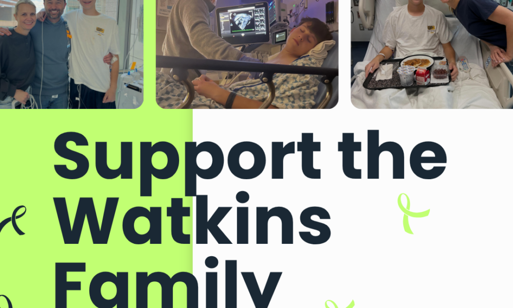 Composite image promoting support for the Watkins Family, showing three photos: a family with a patient, a hospital patient in bed, and a caregiver with the patient at bedside, against a lime-green and white design.
