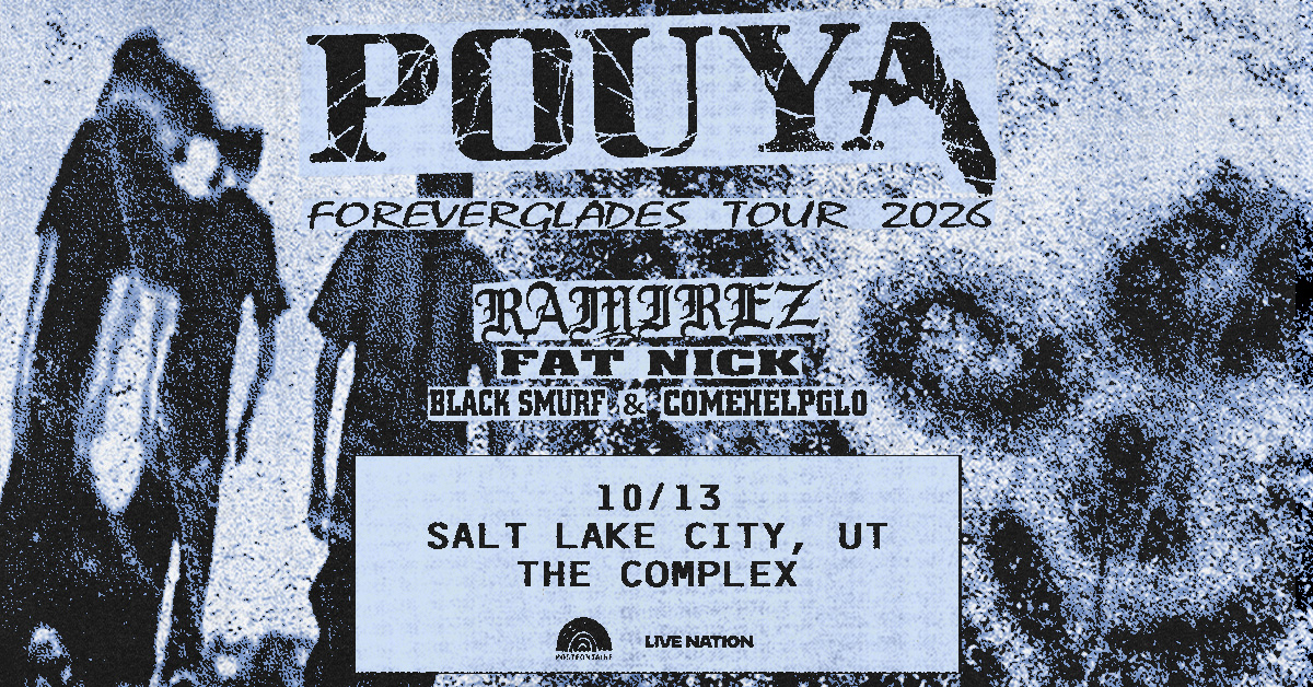 Pouya_1200x628 | 92.5 The Beat Concert poster advertising a 2026 Forever Glades Tour with Ramirez, Fat Nick, Black Smurf and ComeHelpglo at The Complex in Salt Lake City, Oct 13 (Live Nation logo).