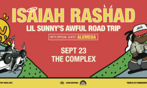 Concert poster for Isaiah Rashad's Lil Sunny's Awful Road Trip with special guest ALEMEDA, Sept 23 at The Complex.