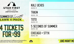 Poster advertising Utah First Amphitheatre Summer of Live lawn 4-pack: 4 tickets for $99, with lineup and dates listed on the right side.
