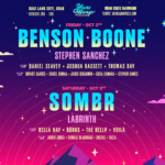 Colorful festival poster with Benson Boone headline, starry night sky, and gradient skyline announcing Friday and Saturday lineup.