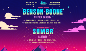 Colorful festival poster with Benson Boone headline, starry night sky, and gradient skyline announcing Friday and Saturday lineup.