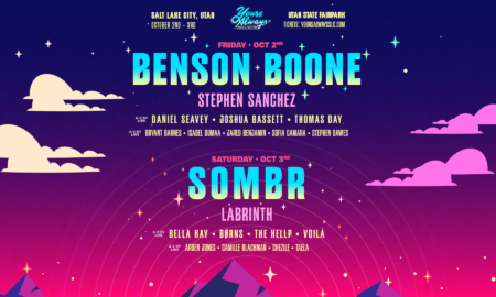 Colorful festival poster with Benson Boone headline, starry night sky, and gradient skyline announcing Friday and Saturday lineup.