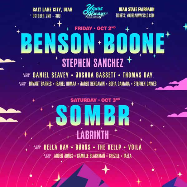 Colorful festival poster advertising a two‑day concert in Utah with headliners Benson Boone, Stephen Sanchez, Sombr, Labrinth (Oct 2–3).
