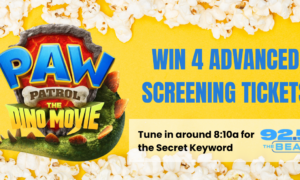 PAW Patrol: The Dino Movie promo banner with popcorn border; blue text invites winners to win 4 advanced screening tickets and mentions 92.5 The Beat radio.