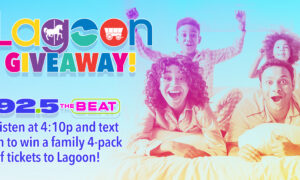 Colorful Lagoon Giveaway poster with a cheering family on a bed; bold logo and text inviting listeners to win a 4-pack of Lagoon tickets from 92.5 The Beat, listen at 4:10p.