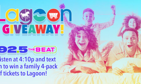 Colorful Lagoon Giveaway poster with a cheering family on a bed; bold logo and text inviting listeners to win a 4-pack of Lagoon tickets from 92.5 The Beat, listen at 4:10p.
