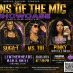 Poster for Queens of the Mic Showcase with four artist portraits and bold gold title; includes date, venue (Leatherheads Bar & Grill, Draper, UT), and doors at 7:00 PM for a hip-hop event.