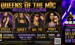 Poster for Queens of the Mic Showcase with four artist portraits and bold gold title; includes date, venue (Leatherheads Bar & Grill, Draper, UT), and doors at 7:00 PM for a hip-hop event.
