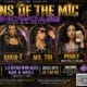 Poster for Queens of the Mic Showcase with four artist portraits and bold gold title; includes date, venue (Leatherheads Bar & Grill, Draper, UT), and doors at 7:00 PM for a hip-hop event.