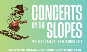 Poster for 'Concerts on the Slopes' featuring a cartoon guitarist on skis, gradient green-to-teal background, with event title and venue text.
