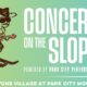Poster for 'Concerts on the Slopes' featuring a cartoon guitarist on skis, gradient green-to-teal background, with event title and venue text.