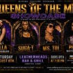 Promotional poster for Queens of the Mic Showcase with Stella Standingbear, Suga-T, Ms. Toi, and Pinky Motha F Redd; doors open 7 PM.