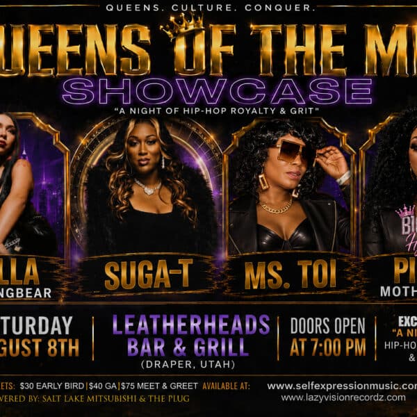 Promotional poster for Queens of the Mic Showcase with Stella Standingbear, Suga-T, Ms. Toi, and Pinky Motha F Redd; doors open 7 PM.