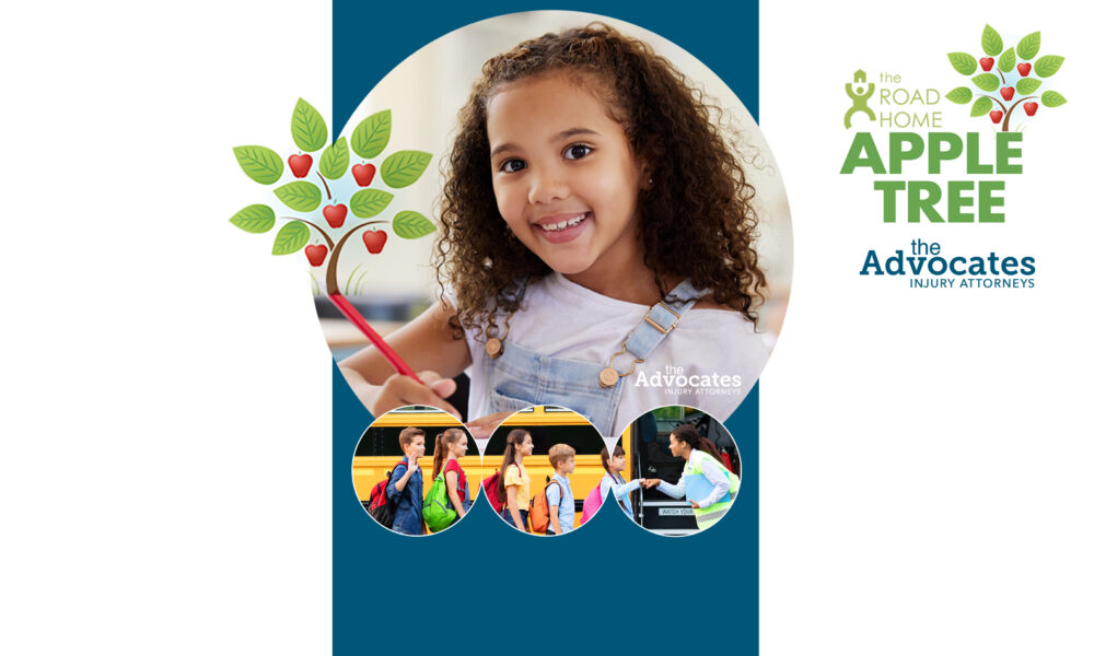 Smiling girl with curly hair drawing with a red pencil; an illustrated apple tree and 'Apple Tree' branding appear on the sides.