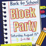Valley Fair 'Back to School Block Party' flyer on a notebook page with bold 'Block Party' text, date and time, and a pencil.
