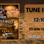 Promotional poster advertising a Wild West concert with multiple bands and rodeo imagery, and a broadcast banner inviting listeners to tune in at 12:10 PM on 92.5 The Beat to win tickets.