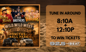 Poster advertising Wild Wild West rodeo y Jaripeo at Smith's Ball Park with multiple bands, July 26, 1 PM–10 PM; western rodeo imagery and pickup trucks.