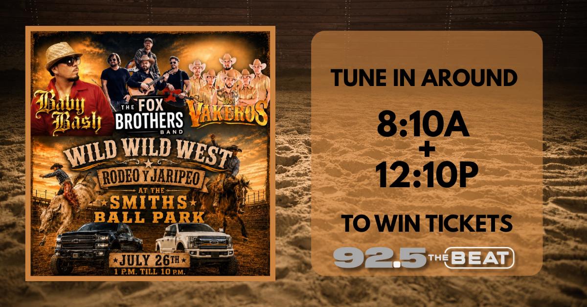 TUNE IN AROUND | 92.5 The Beat Poster advertising Wild Wild West rodeo y Jaripeo at Smith's Ball Park with multiple bands, July 26, 1 PM–10 PM; western rodeo imagery and pickup trucks.