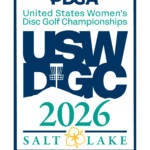 Badge for United States Women's Disc Golf Championships 2026 (USWDGC) with Salt Lake City 25th Anniversary logo, teal and navy colors, PDGA branding.