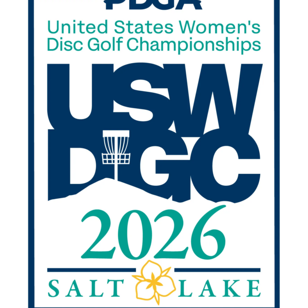 Badge for United States Women's Disc Golf Championships 2026 (USWDGC) with Salt Lake City 25th Anniversary logo, teal and navy colors, PDGA branding.