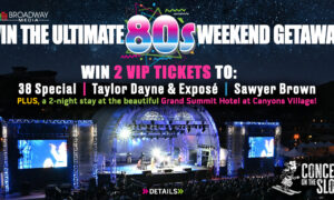 Promotional banner for 'Win the Ultimate 80s Weekend Getaway' showing a night outdoor concert with a large stage and cheering crowd.