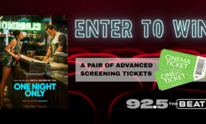 Left: the 'One Night Only' movie poster beside a neon 'ENTER TO WIN' banner with two green cinema tickets over a red theater backdrop.