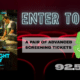 Left: the 'One Night Only' movie poster beside a neon 'ENTER TO WIN' banner with two green cinema tickets over a red theater backdrop.